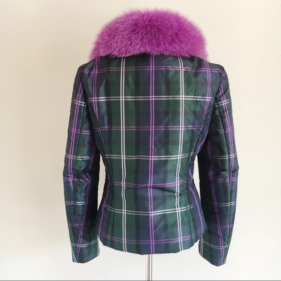 Escada Plaid Purple & Green Silk Fox Fur Trimmed Zip Jacket - Picture 7 of 8